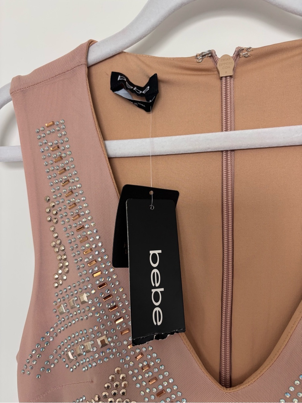 NWT Bebe Nude Studded Bodycon Mini Dress XS Y2K Glam Bandage Rhinestone Clubwear - Picture 3 of 14